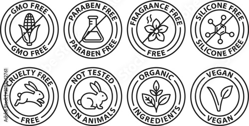 Set of black and white round vegan and cruelty free product labels and icons