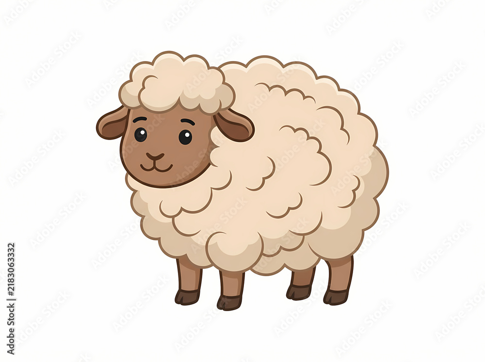 Obraz premium A cute cartoon sheep with fluffy wool standing on a white background.