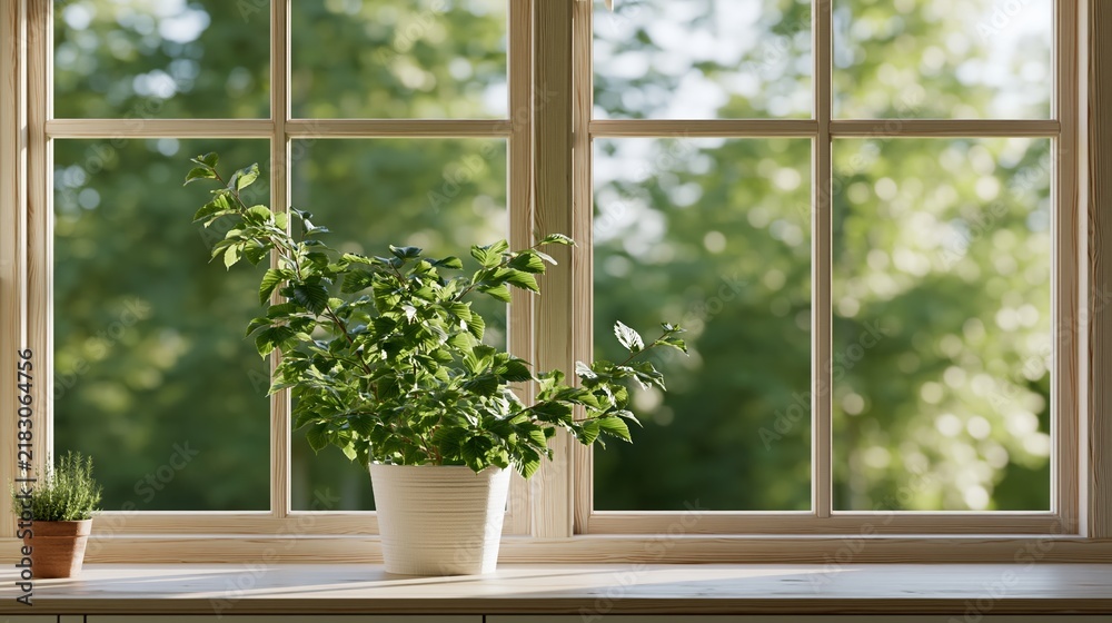 Obraz premium Green potted plant sits on wooden windowsill