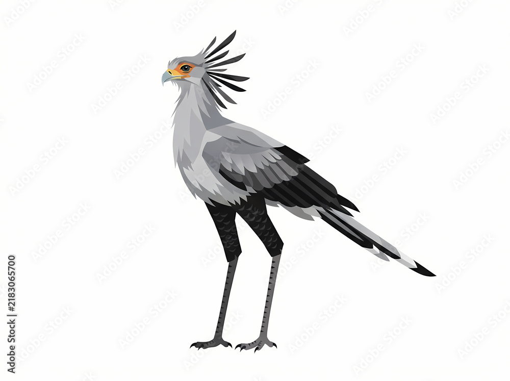 Obraz premium A detailed digital illustration of a majestic secretary bird standing against a plain white background.