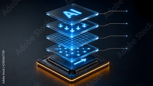 Fototapeta Artificial intelligence neural network layers stacked on microchip representing machine learning architecture and deep data processing