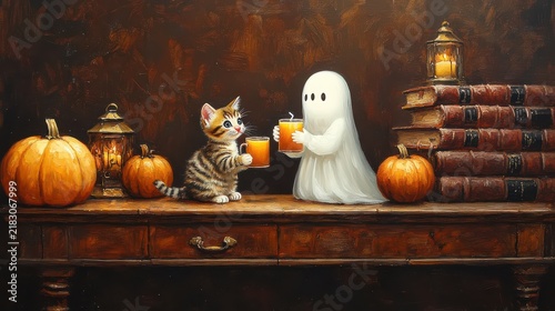 Cozy Halloween Scene with Cat, Ghost, Pumpkins, Candles, and Books on Wooden Table