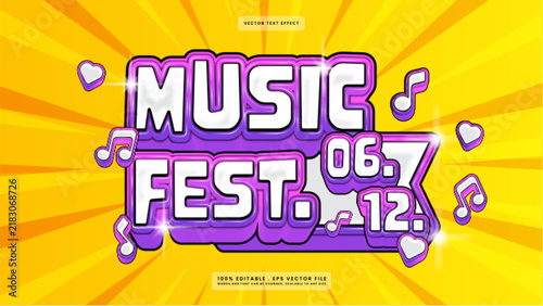 Music Fest 3D Text Effect Poster Design with Musical Notes and Hearts on Yellow Pop Art Background
