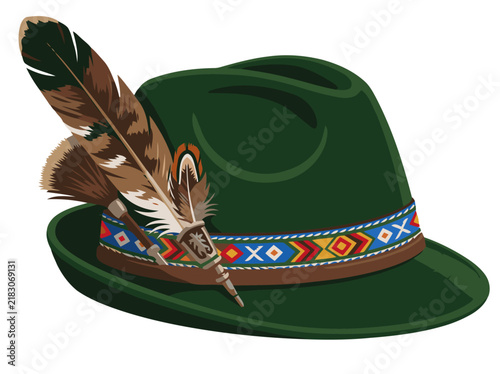 A stylish green hat adorned with a feather and decorative band. Bavaria style illustration. Perfect for branding, design, and creative projects.