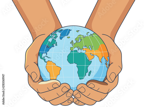 Two hands, diverse skin tones, hold a globe in a peace gesture. A vibrant, symbolic image promoting unity and global harmony. Suitable for diverse commercial applications.