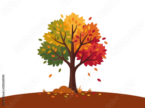A stylized tree showcases autumn's vibrant color change, blending green, yellow, orange, and red leaves. A warm, inviting image perfect for seasonal marketing.