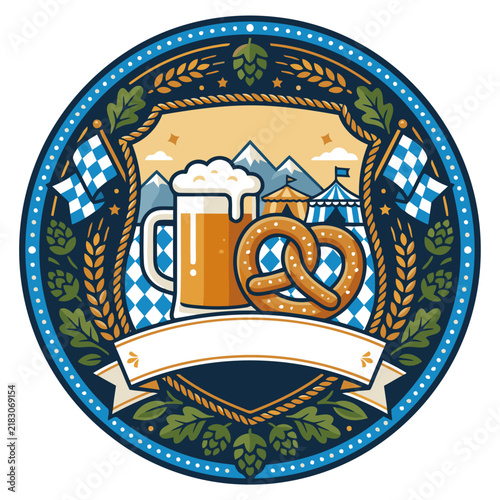 A vibrant Oktoberfest emblem showcases beer, pretzels, and Bavarian mountains. This detailed design is perfect for branding and festive promotions.  Classic, celebratory, and visually appealing.