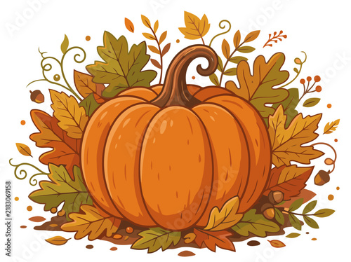 A vibrant pumpkin surrounded by autumn leaves and acorns. This cheerful illustration evokes fall harvest themes. Perfect for seasonal marketing and design.