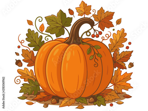 A vibrant pumpkin surrounded by autumn leaves and acorns. This cheerful fall illustration is perfect for seasonal marketing and design projects.