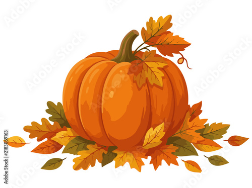 A vibrant pumpkin surrounded by golden autumn leaves. Perfect for fall-themed designs and seasonal marketing. Warm, inviting, and visually appealing.