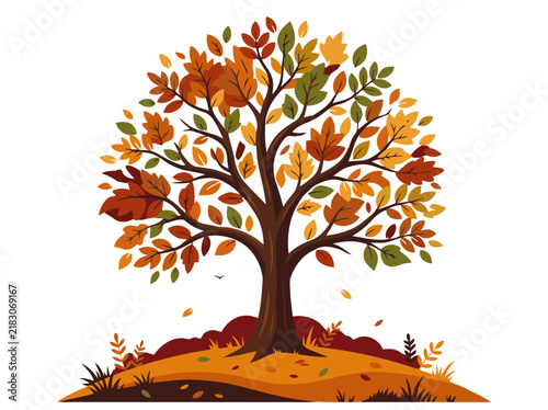 A vibrant tree displays autumn colors against a rich red background.  A stylized landscape with fallen leaves adds to the seasonal beauty. Perfect for fall themes.