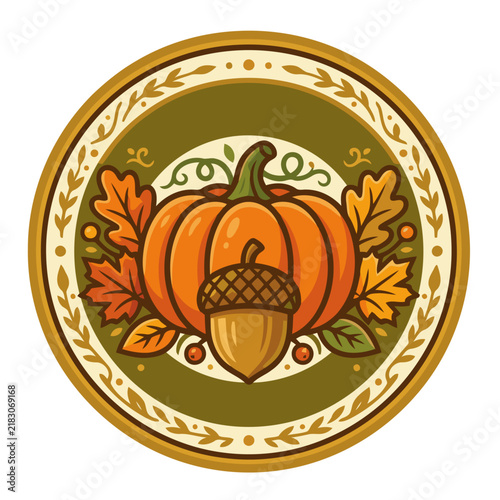 Vintage harvest emblem featuring a pumpkin, acorn, and autumn leaves. A warm, inviting design perfect for fall-themed branding and marketing materials.