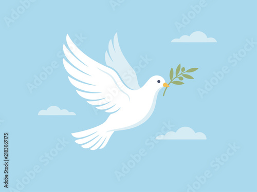 A white dove with a peace branch flies across a blue sky with fluffy clouds. A serene and symbolic image, perfect for peace and harmony themes.