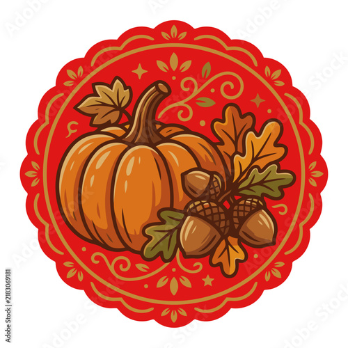 A vintage-style emblem showcases a pumpkin, acorns, and autumn leaves. Warm colors and decorative borders create a festive fall design, perfect for branding and seasonal marketing.