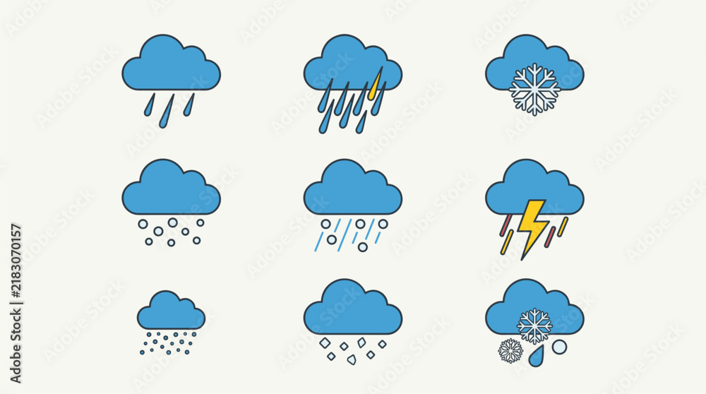 Obraz premium Set of nine flat design weather icons showing rain, snow, hail, and thunderstorms, isolated on a light background