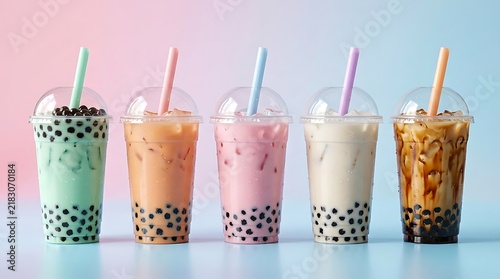 Boba milk tea photo featuring five colorful bubble tea cups with dome lids and straws against a pastel gradient background