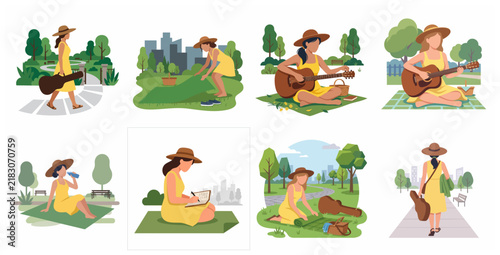 Vector collection of a young woman enjoying various outdoor activities in a park, including playing guitar, picnicking, and journaling for leisure and relaxation