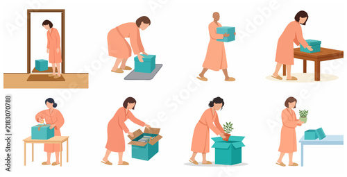 Woman in Bathrobe Unboxing Delivery Packages and Parcel at Home Vector Illustration Set
