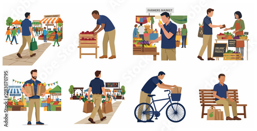 Flat vector illustration set of a man shopping for fresh organic produce at a local outdoor farmer's market