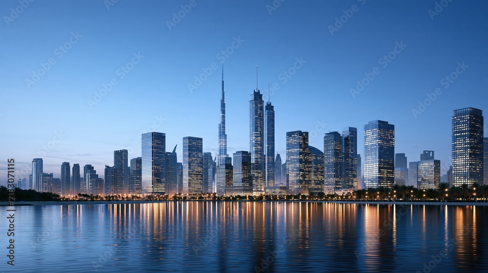 Fototapeta premium Modern city skyline with skyscrapers reflecting on water