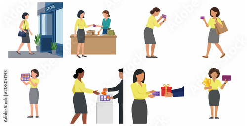Flat Illustration Set of Women Using Customer Loyalty Cards, Earning Rewards, and Redeeming Prizes in Retail Stores