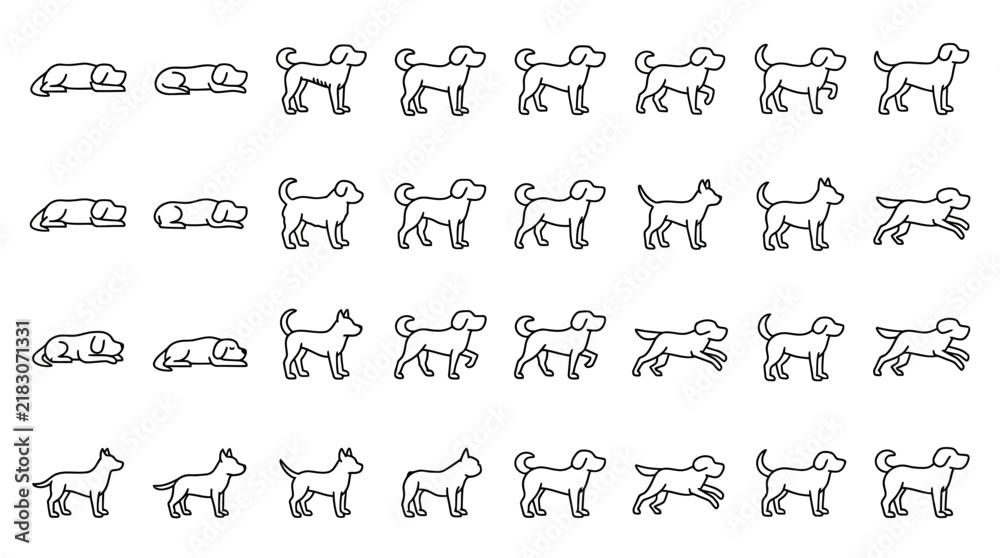 Obraz premium Diverse collection of dog silhouettes in various poses on plain background.
