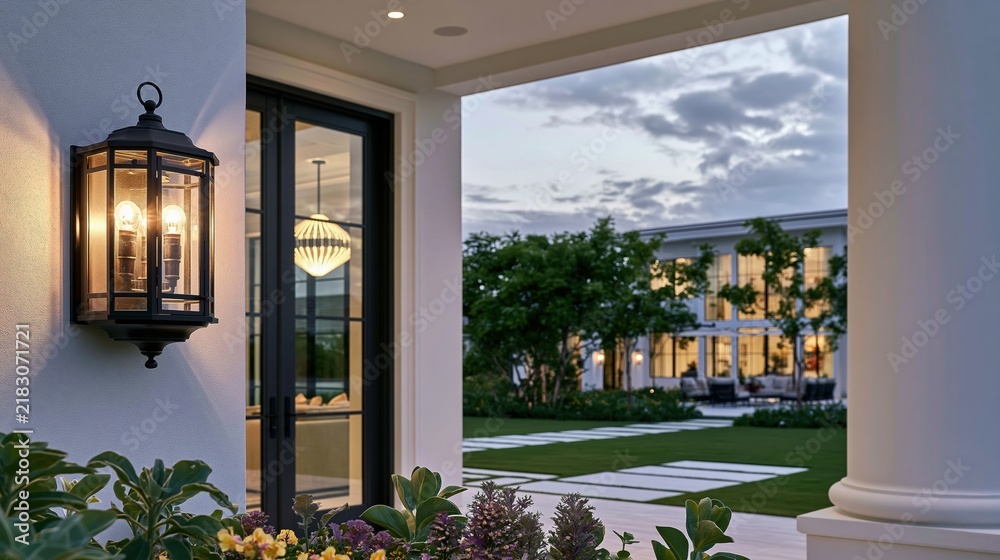 Obraz premium Modern home exterior with glowing lantern and garden