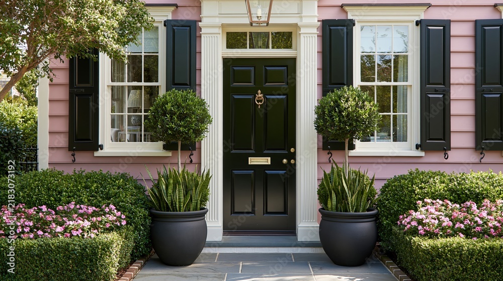 Obraz premium Pink house entrance with black door and planters