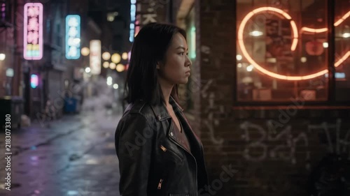 Side View of Young Asian Woman Walking Through Neon Lit Alley at Night