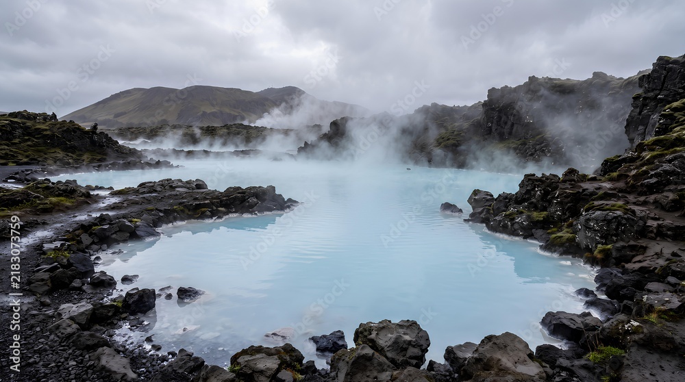 Obraz premium Geothermal hot springs with steaming blue water and volcanic rocks.