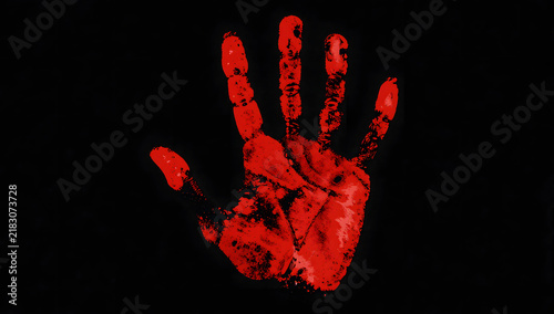 Red Handprint on Black Background: A stark, vivid red handprint stains the darkness, an ominous symbol of a violent act and a chilling reminder of its aftermath.