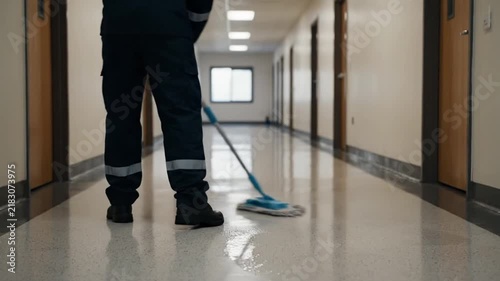 Janitor Mopping Floor in Empty Building Hallway. 4K Video
