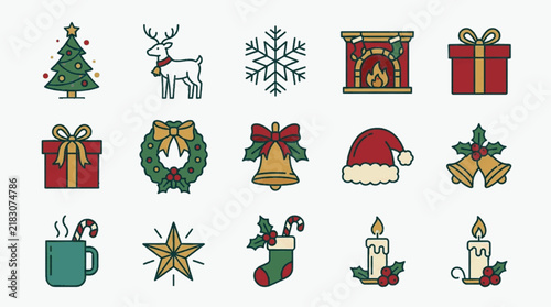 Set of 15 flat design Christmas icons with textured finish including a reindeer, snowflake, fireplace, wreath, bells, Santa hat, gift boxes, mug, star, stocking, and candles on white background.