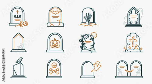 Vector set of twelve Halloween gravestone icons with spooky cemetery elements including skulls, ghosts, bats, zombie hands, jack-o-lanterns, and ravens in teal and orange line art.