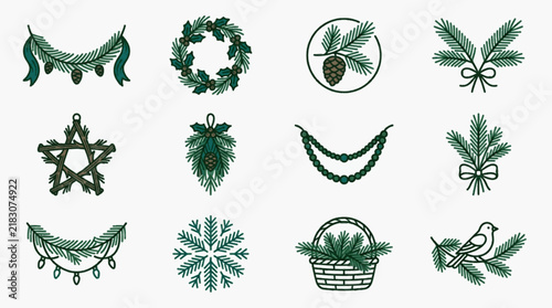 Vector set of twelve rustic winter holiday icons including pine needle wreaths, evergreen garlands with cones, twig star, festive bird on branch, and woven basket with spruce foliage.