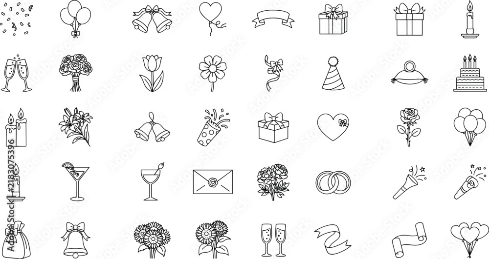 Obraz premium Wedding celebration icon set with party elements line art symbols for marriage events and holidays