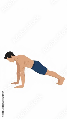 Flat vector illustration Man performing pushup exercise fitness animation on white background. Vertical video