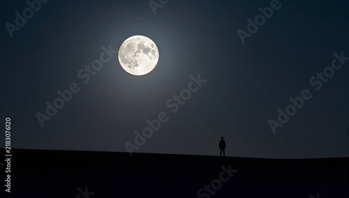 Solitary Wanderer Under the Full Moon: A lone silhouette stands against the vast expanse of a moonlit night sky, the luminous full moon casting an ethereal glow over the tranquil landscape.
