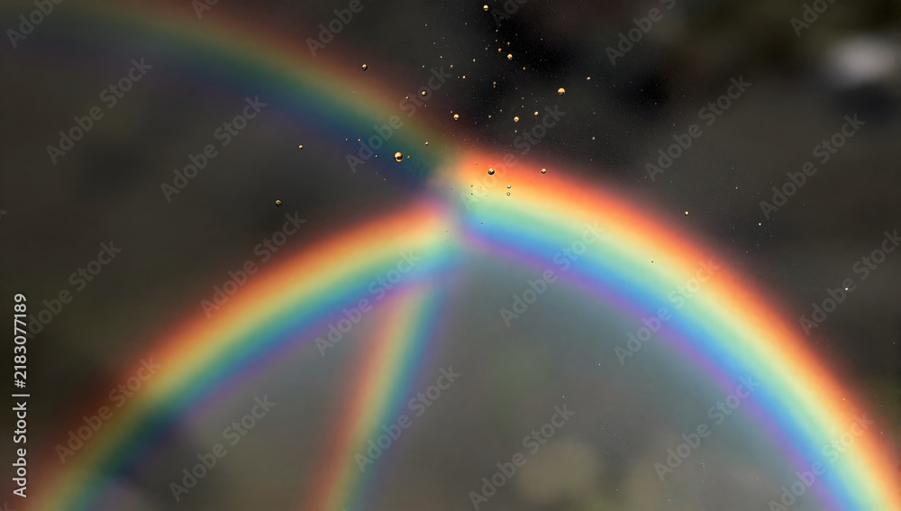 Obraz premium Double Rainbow Serenity: A breathtaking double rainbow arcs across a moody, overcast sky, its vibrant colors offering a promise of hope and beauty amidst the dramatic atmosphere.