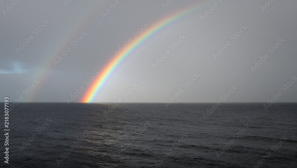 Obraz premium Double Rainbow Over the Ocean: A breathtaking double rainbow arches across a dramatic, cloudy sky, its vibrant colors reflecting over the dark, choppy waters of the ocean.