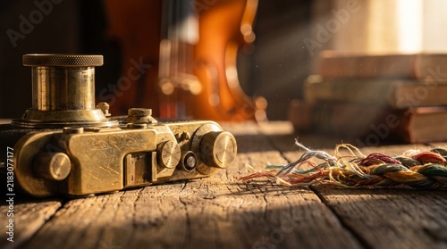 Vintage camera on oak workbench