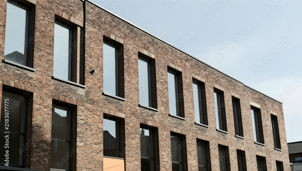 Fototapeta premium Modern Brick Facade: A contemporary building showcases a striking brick facade with a repeating pattern of dark-framed windows, reflecting the sky and exuding urban sophistication.