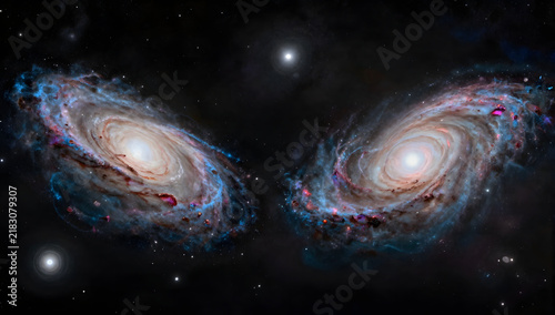 Cosmic Ballet of Galaxies: Two majestic spiral galaxies engage in a celestial dance, their swirling arms and bright star clusters creating a breathtaking spectacle against the vast.