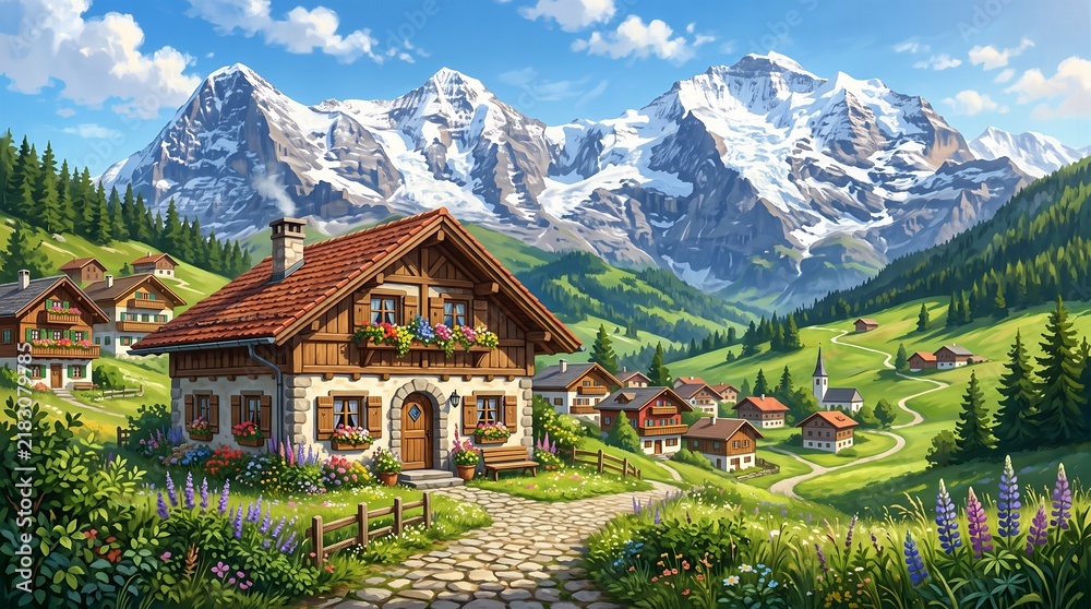 Obraz premium Charming stone cottage with red roof in a vibrant alpine village, snow-capped mountains backdrop, green valley