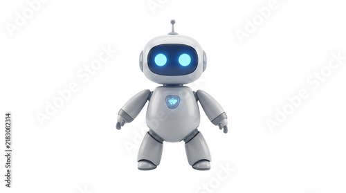 Cute white robot toy with glowing blue eyes isolated on white background
