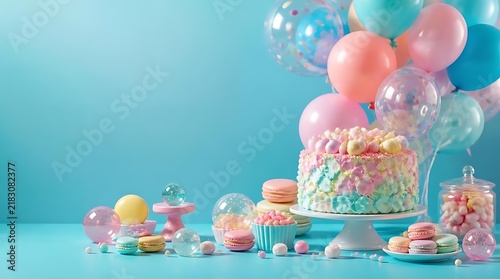 Colorful pastel birthday cake candy party celebration.