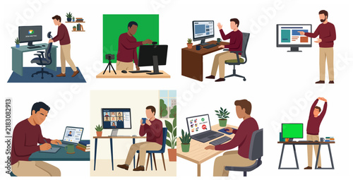 Diverse set of remote work and video conferencing illustrations featuring men in home office setups, virtual meetings, online presentations, and digital productivity scenes.