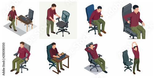 Isometric set of a man using an ergonomic office chair, working at a desk, stretching, and demonstrating healthy posture and back pain issues