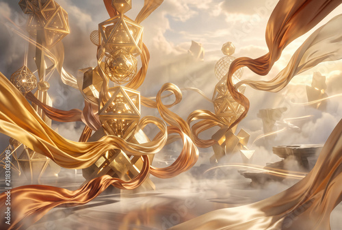 Golden Geometric Structures Flowing Silk Ribbons In Ethereal Cloudscape With Warm Sunlight And Volumetric Shadows