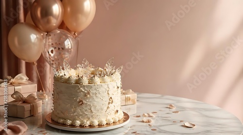 Elegant cream birthday cake with gold balloons.